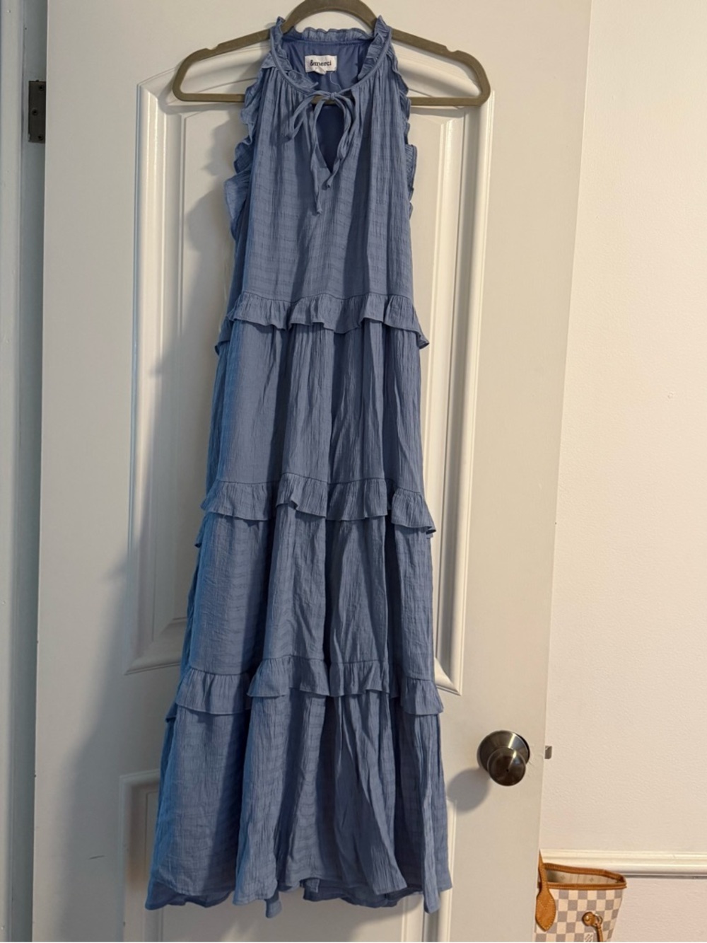 Light Blue Ruffled Tiered Maxi Dress with Tie Neck